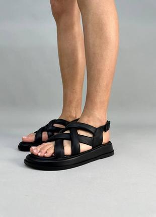 Стильные черные женские сандалии/босоножки на толстой подошве кожаные/кожа-женская обувь на лето