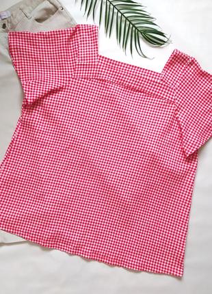 Хлопковая футболка блуза в клетку виши, квадратный вырез, хлопок, большой размер, батал3 фото