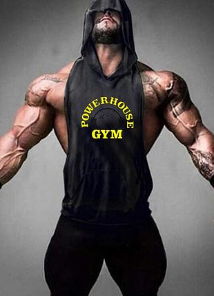 Майка чоловіча безрукавка з капюшоном "powerhouse gym" чорна