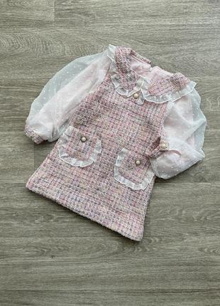 Стильное твидовое детское розовое платье в стиле шаннель 98/110