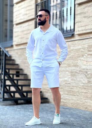 Костюм с шортами мужской легкий летний льняной на лето базовый черный серый синий белый батал шорты рубашка3 фото