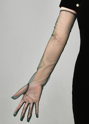 Рукавички перчатки високі фатин фатинові стильні модні нові темно зелені6 фото