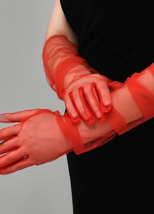 Рукавички перчатки червоні високі фатин фатинові стильеі модні нові8 фото