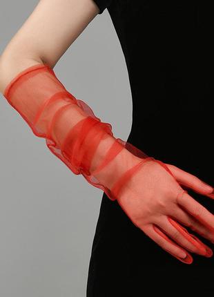 Рукавички перчатки червоні високі фатин фатинові стильеі модні нові6 фото