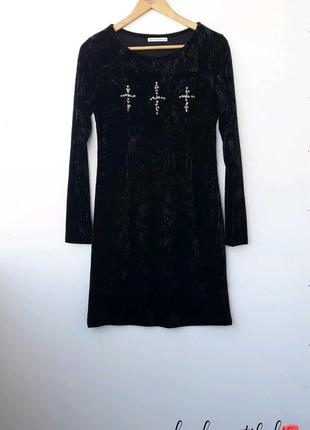 Чёрное платье из мраморного бархата бархатное платье с крестами 10 черное платье