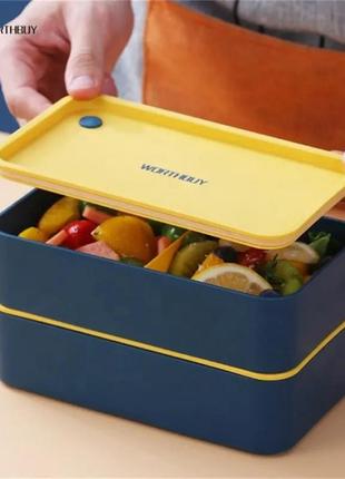 Пластиковий двоярусний ланч бокс із ручкою picnic 1440мл, синьо-жовтий7 фото