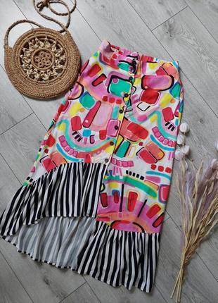 Ассиметричная, весёлая, юбка миди в акварельный разноцветный принт tu (размер 36-38)