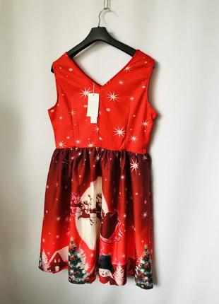 Платье новогоднее красное зима снегурочка карнавальное маскарадное яркое с принтом дед мороз санта клаус зима3 фото
