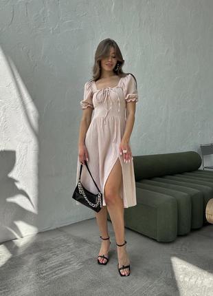 Жіноча сукня міді муслін натуральна чорна біла блакитна жовта бежева малинова бірюзова базова літня з коротким рукавом