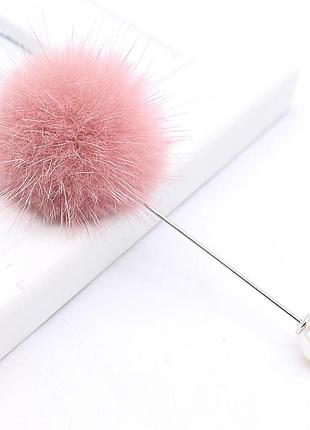 Брошь булавка женская с помпоном из натурального меха пыльная роза