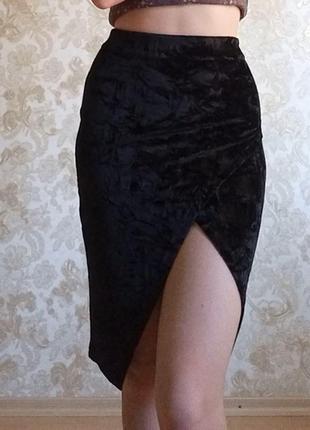 Нова велюрова спідниця parisian чорного кольору бархатна, спідниця з розрізом, спідниця олівець3 фото