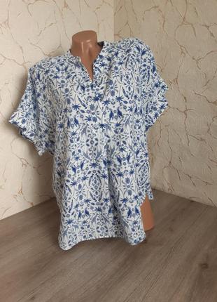 Блуза рубашка лён/хлопок белая с синим рисунком,52 р2 фото
