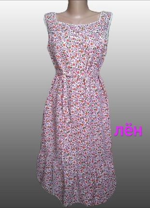 100% лен винтажная миди платье сарафан льняное комфортное летнее в цветочек/мильфлер1 фото