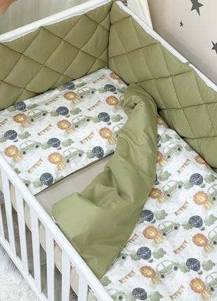 Комплект постільної білизни для новонародженого baby mix лева з машинкою зелений, колір оливковий8 фото