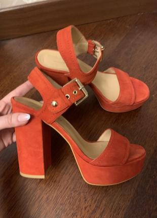 Оранжевые босоножки,замшевые босоножки на каблуке,туфли на высоком каблуке,рыжие босоножки4 фото