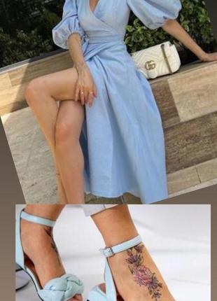 Платье миди на запах лен босоножки голубые сандалии1 фото