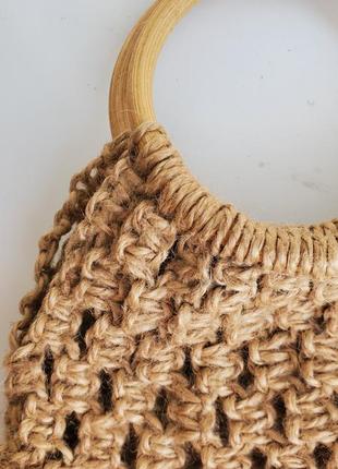 Плетена сумка сумочка маркаме ручної роботи літня з бечовки торба авоська на дерев'яних ручках4 фото