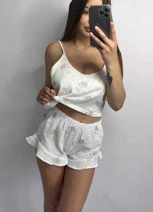 Пижама муслин с рюшами топ майка зайчики белая легкое лето муслин