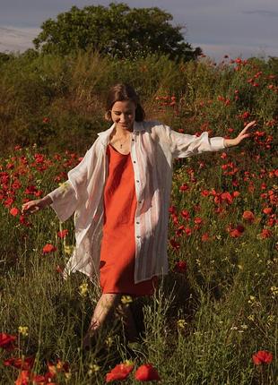 Белая рубашка-кардиган в полоску из натурального льна2 фото