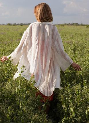 Белая рубашка-кардиган в полоску из натурального льна3 фото