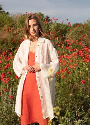 Белая рубашка-кардиган в полоску из натурального льна4 фото