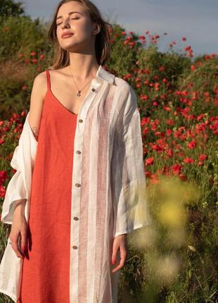 Белая рубашка-кардиган в полоску из натурального льна5 фото