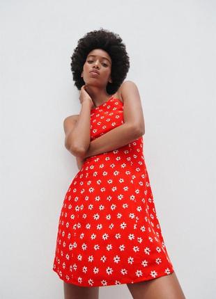 Лляне плаття zara р. l червоне в квітковий принт, льон, сарафан, сукня7 фото