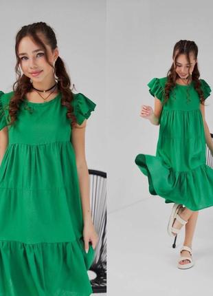 Красивое коттоновое платье на девочку подростка в зеленом цвете