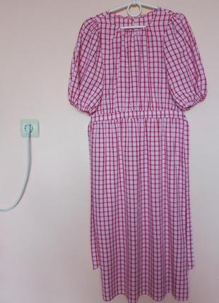 Сукня рожева в клітинку, клетчатое платье миди 50-52 р.