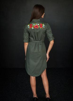 Распродажа платье рубашка цвета хаки, с вышивкой маки2 фото