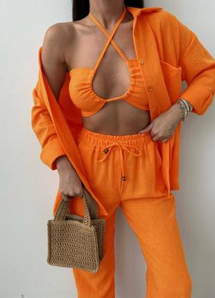Костюм тройка креп жатка с брюками, рубашкой и топом оранжевый1 фото