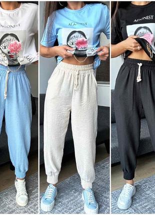 Легкі літні джогери з жатого льону у кольорах