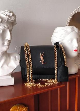 Сумка в стилі yves saint laurent sunset mini chain black  чорна сумка через плече на ланцюжках компактний та зручний розмір