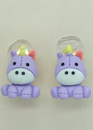 Серьги клипсы детские для ушей без пробивания фиолетовый единорог4 фото