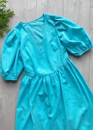Платье на запах лен муслин миди макси голубое5 фото