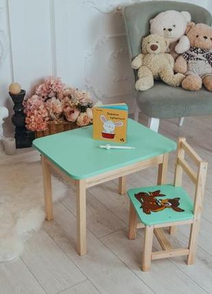 Стол и стул детский мятный. для учебы, рисования, игры. стол с ящиком и стульчик2 фото