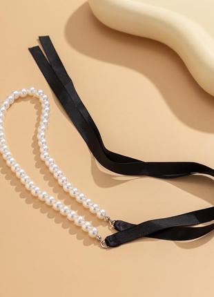 Нитка перлів, чокер зі стрічкою, жіноча прикраса на шию3 фото