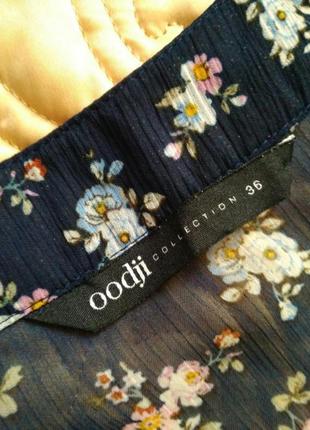 Легкая шифоновая блуза блузочка рубашка синяя в цветы с рюшкой и завязкой oodji/шифоновая синяя рубашка7 фото