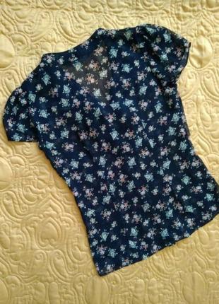 Легка шифонова блуза блузочка сорочка синя в квіти з рюшкою та завязкою oodji /шифонова синя сорочка8 фото
