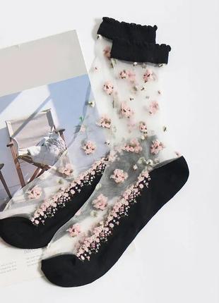 Прозрачные капроновые носки с цветами8 фото