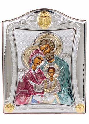 Серебряная икона святое семейство 20x25см с разноцветной эмалью в серебряной рамке с позолотой