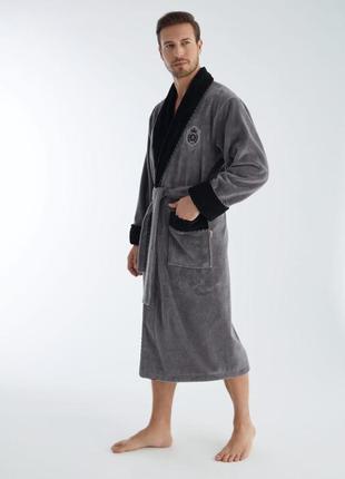 Мужские халаты без капюшона махровый домашний, халаты для мужчин на запах велюр с длинным рукавом серый2 фото