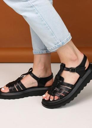 Стильные черные женские сандалии/босоножки на толстой подошве кожаные/кожа- женская обувь на лето