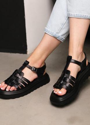 Стильні чорні жіночі сандалі/босоніжки на товстій підошві шкіряні/шкіра- жіноче взуття на літо9 фото