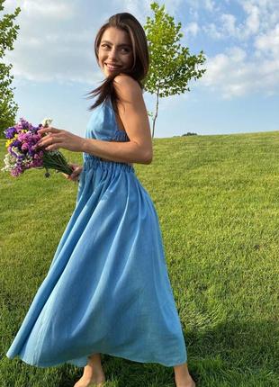 Сукня сарафан льон блакитна2 фото