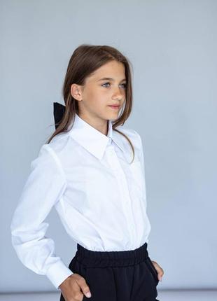 Рубашка детская подростковая хлопковая классическая с накладным карманом, для девочки, белая2 фото