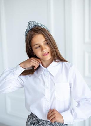 Рубашка детская подростковая хлопковая классическая с накладным карманом, для девочки, белая6 фото
