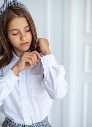 Рубашка детская подростковая хлопковая классическая с накладным карманом, для девочки, белая8 фото