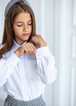 Рубашка детская подростковая хлопковая классическая с накладным карманом, для девочки, белая9 фото