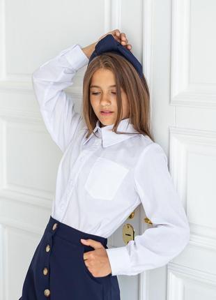 Рубашка детская подростковая хлопковая классическая с накладным карманом, для девочки, белая1 фото